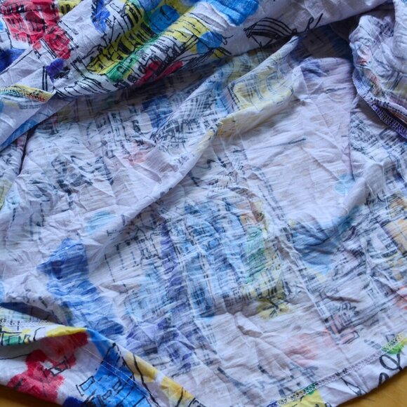 Ali Miles Art Wear Stretch Knit Button Up Shirt Short Sleeve City Print Size 1X - Picture 9 of 13